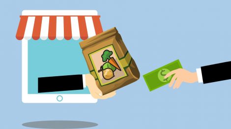 Illustração de duas mãos trocando uma sacola de compras de mercado por uma cédula verde de dinheiro